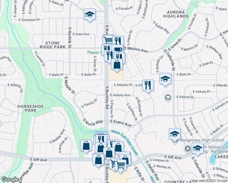 map of restaurants, bars, coffee shops, grocery stores, and more near 1982 S Pagosa St in Aurora