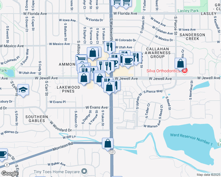 map of restaurants, bars, coffee shops, grocery stores, and more near S Wadsworth Blvd & W Jewell Ave in Lakewood