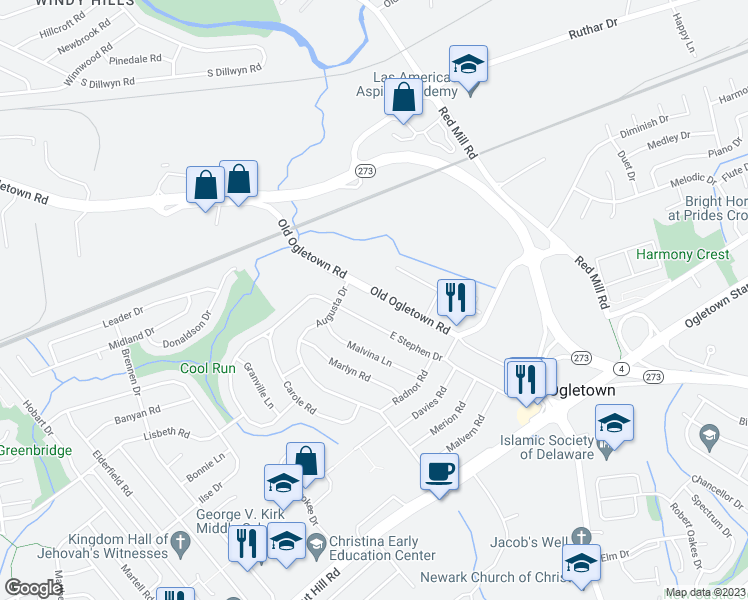 map of restaurants, bars, coffee shops, grocery stores, and more near 2907 Ogletown Road in Newark