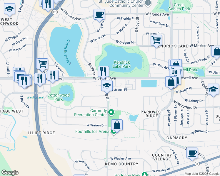 map of restaurants, bars, coffee shops, grocery stores, and more near 9996 West Jewell Avenue in Lakewood