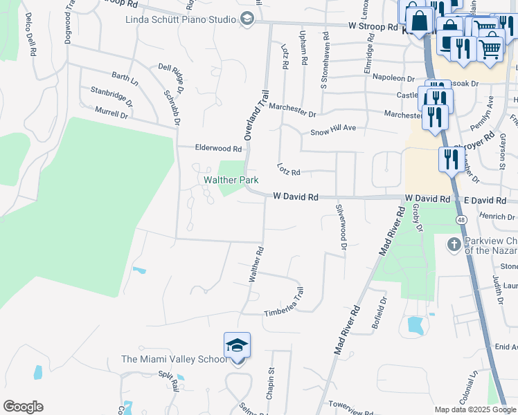 map of restaurants, bars, coffee shops, grocery stores, and more near 500 Pauley Woods Circle in Dayton