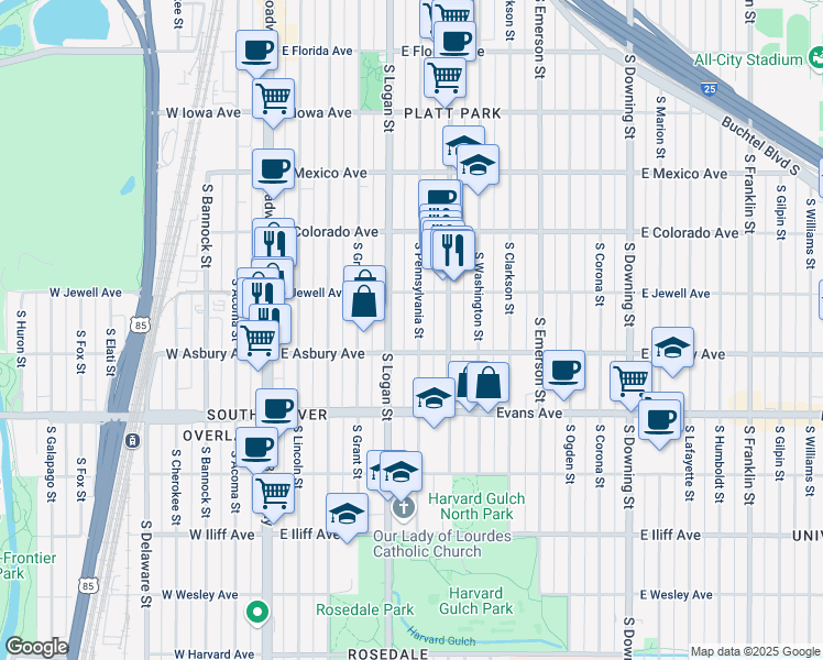 map of restaurants, bars, coffee shops, grocery stores, and more near 1961 South Pennsylvania Street in Denver