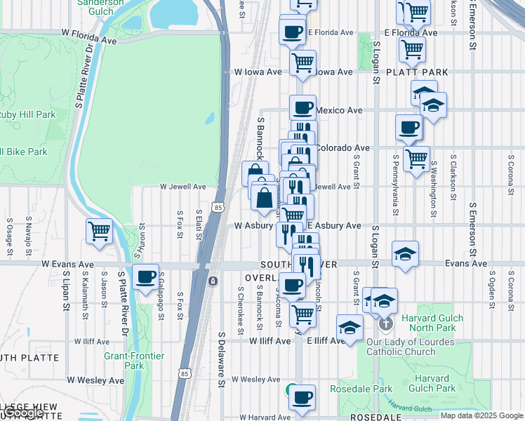 map of restaurants, bars, coffee shops, grocery stores, and more near 1960 South Bannock Street in Denver