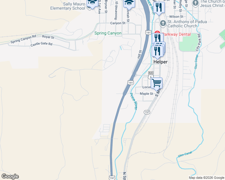 map of restaurants, bars, coffee shops, grocery stores, and more near 420 South Oberto Lane in Helper