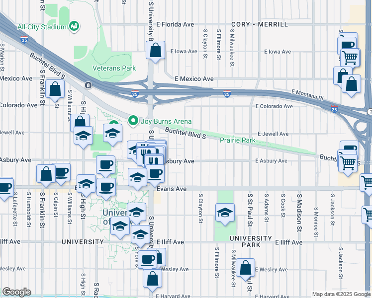 map of restaurants, bars, coffee shops, grocery stores, and more near 1944 South Columbine Street in Denver