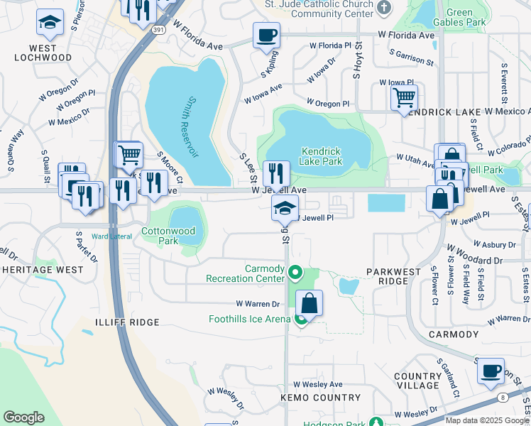 map of restaurants, bars, coffee shops, grocery stores, and more near 1919 South Kipling Street in Lakewood