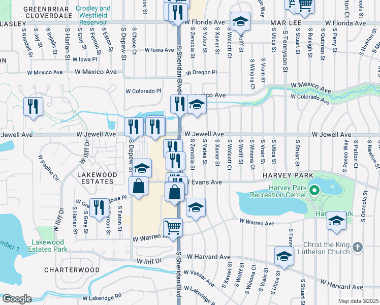 map of restaurants, bars, coffee shops, grocery stores, and more near 1989 South Zenobia Street in Denver