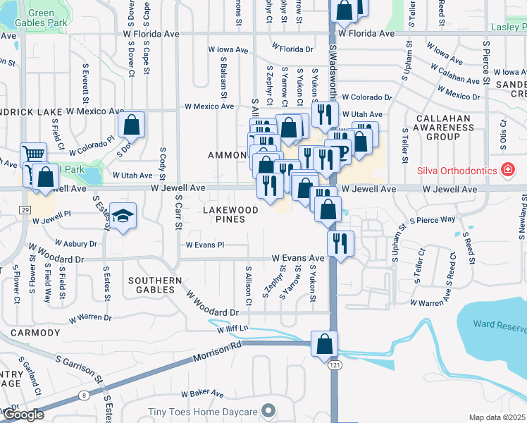 map of restaurants, bars, coffee shops, grocery stores, and more near 8040 West Jewell Avenue in Lakewood