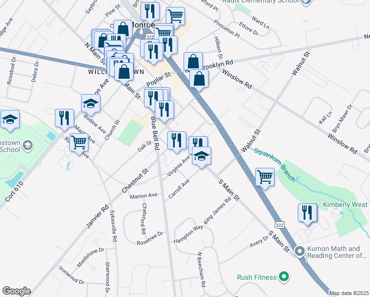 map of restaurants, bars, coffee shops, grocery stores, and more near 525 South Main Street in Monroe