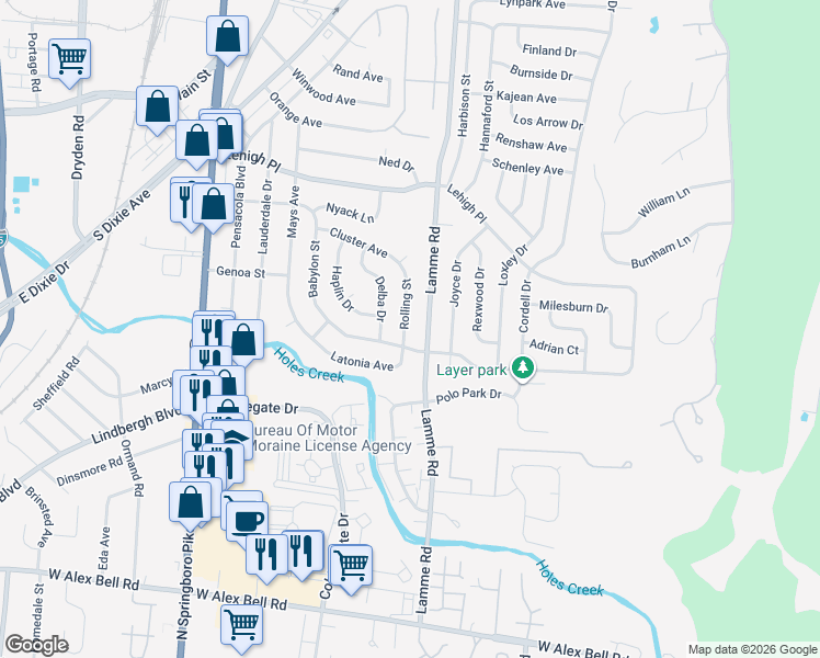 map of restaurants, bars, coffee shops, grocery stores, and more near 4800 Rolling Street in Dayton
