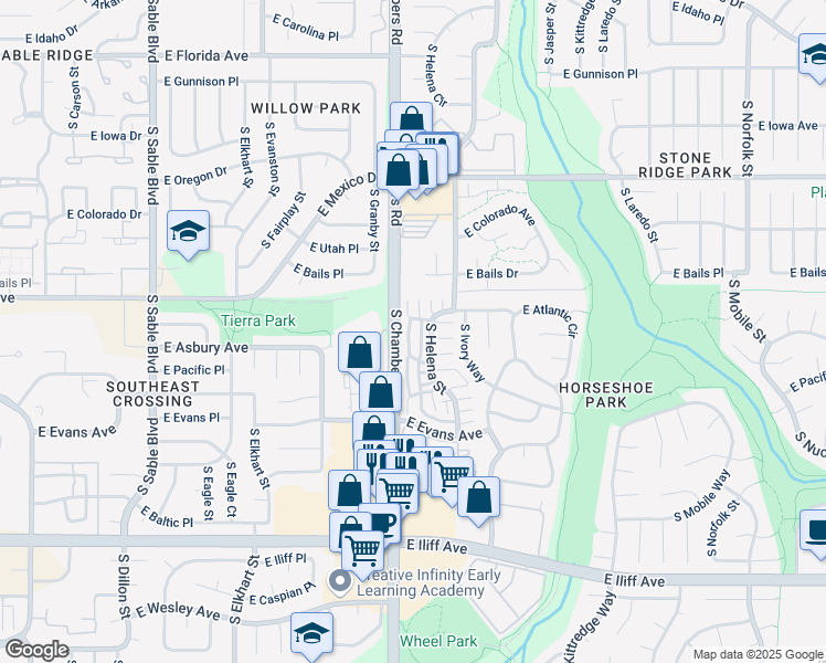 map of restaurants, bars, coffee shops, grocery stores, and more near 1920 South Hannibal Street in Aurora