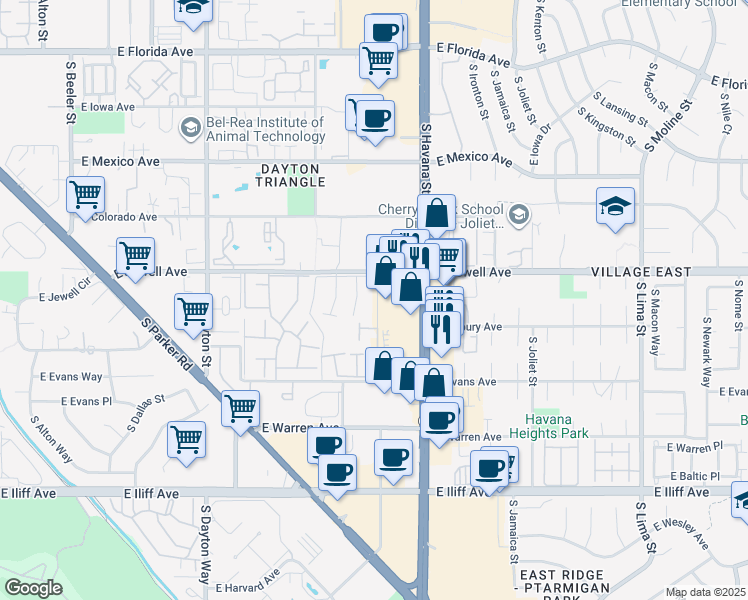 map of restaurants, bars, coffee shops, grocery stores, and more near 91 East Jewell Avenue in Aurora