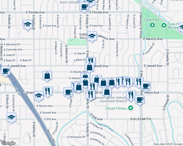 map of restaurants, bars, coffee shops, grocery stores, and more near 1970 South Holly Street in Denver