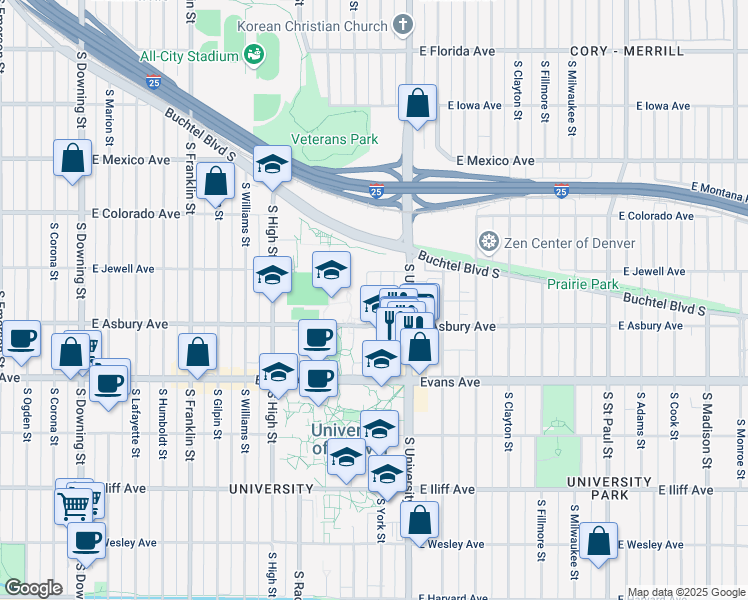 map of restaurants, bars, coffee shops, grocery stores, and more near 1945 South York Street in Denver