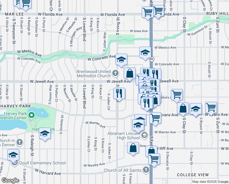 map of restaurants, bars, coffee shops, grocery stores, and more near 1955 South Irving Street in Denver