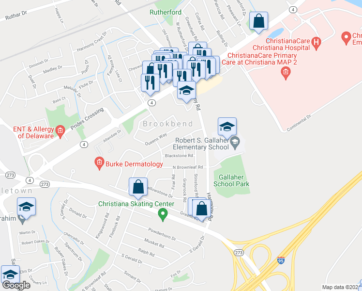 map of restaurants, bars, coffee shops, grocery stores, and more near 1003 Mistover Lane in Newark