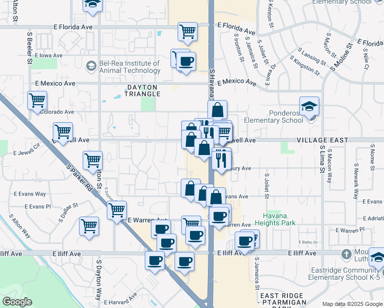 map of restaurants, bars, coffee shops, grocery stores, and more near 91 East Jewell Avenue in Aurora