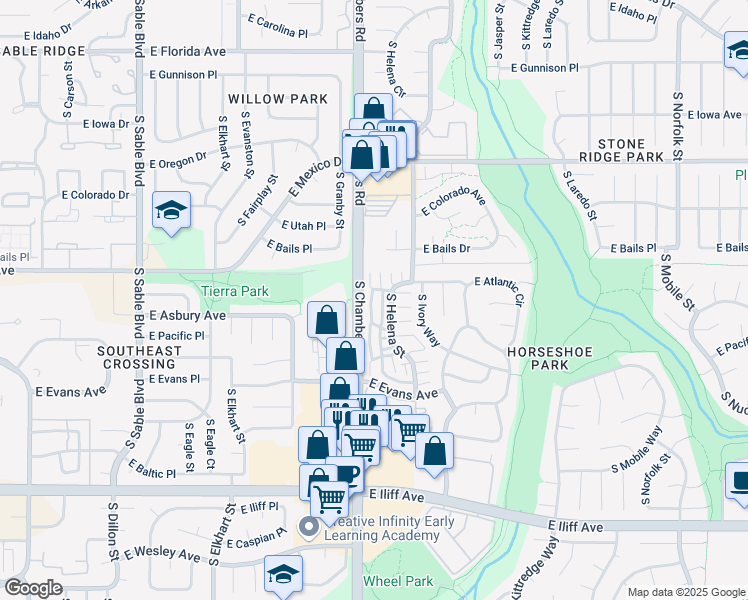 map of restaurants, bars, coffee shops, grocery stores, and more near 1920 South Hannibal Street in Aurora