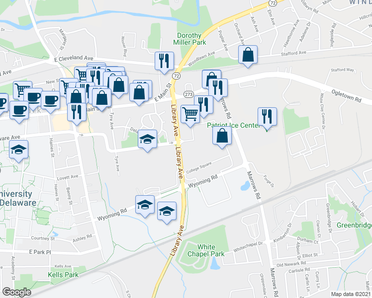 map of restaurants, bars, coffee shops, grocery stores, and more near 115 College Square in Newark