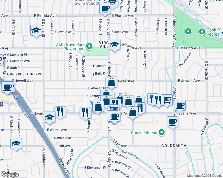map of restaurants, bars, coffee shops, grocery stores, and more near 5640 East Atlantic Place in Denver