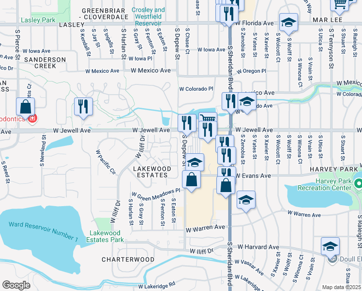 map of restaurants, bars, coffee shops, grocery stores, and more near 1945 South Depew Street in Denver