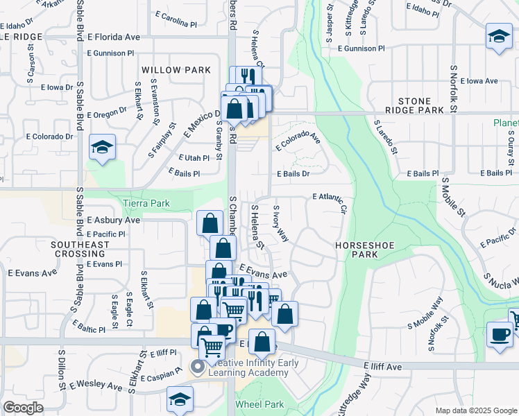 map of restaurants, bars, coffee shops, grocery stores, and more near 1930 South Helena Street in Aurora