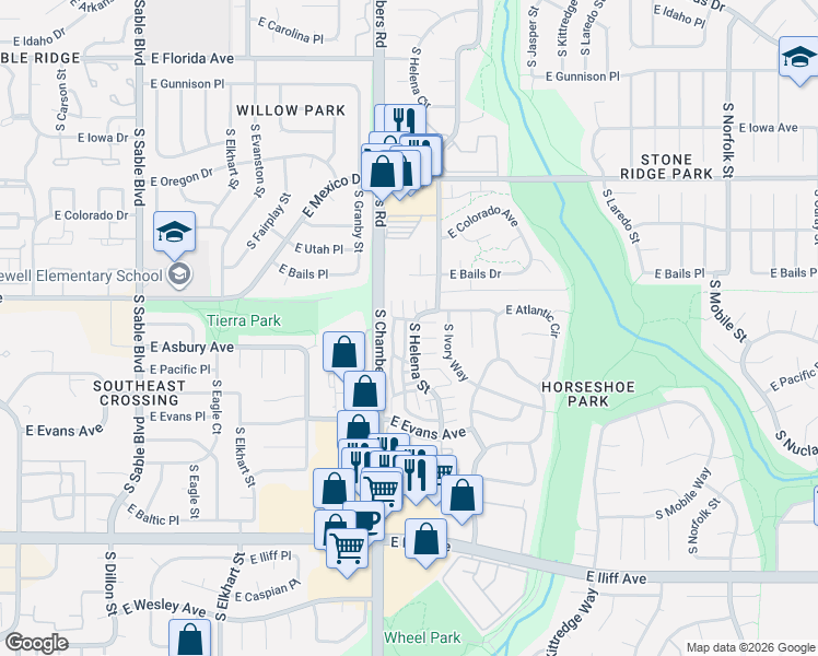 map of restaurants, bars, coffee shops, grocery stores, and more near 1930 South Helena Street in Aurora