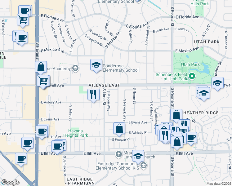 map of restaurants, bars, coffee shops, grocery stores, and more near 1940 South Moline Way in Aurora
