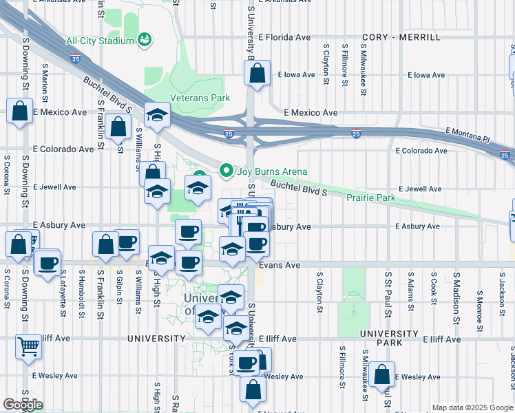 map of restaurants, bars, coffee shops, grocery stores, and more near 1919 South University Boulevard in Denver