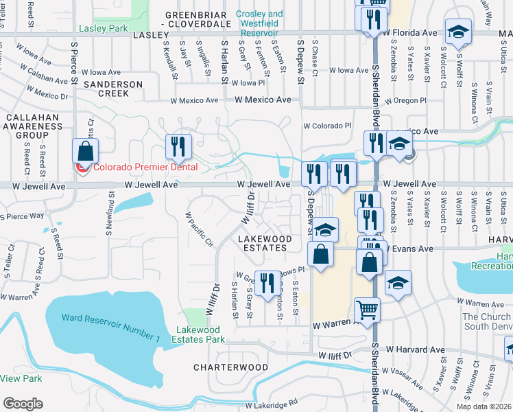 map of restaurants, bars, coffee shops, grocery stores, and more near 5842 West Atlantic Place in Lakewood