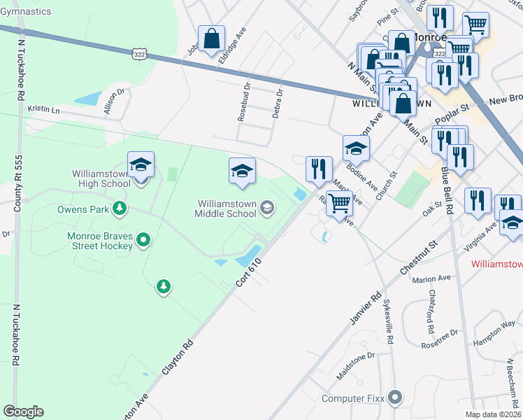 map of restaurants, bars, coffee shops, grocery stores, and more near 561 Clayton Road in Monroe