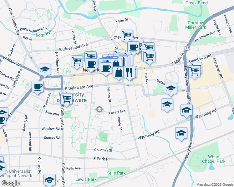 map of restaurants, bars, coffee shops, grocery stores, and more near 65 South Chapel Street in Newark