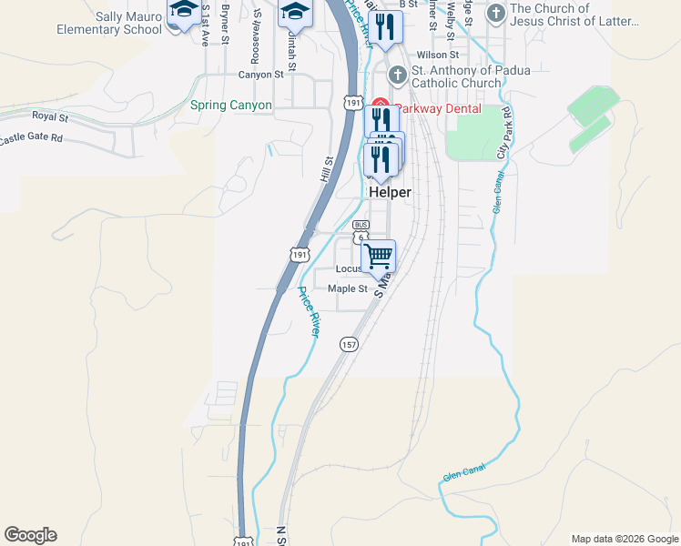map of restaurants, bars, coffee shops, grocery stores, and more near 73 Locust Street in Helper