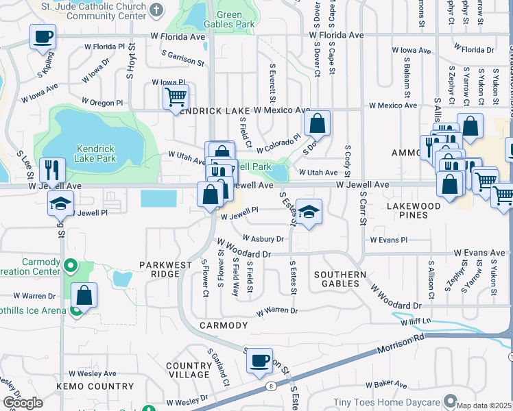 map of restaurants, bars, coffee shops, grocery stores, and more near 8941 West Jewell Place in Lakewood