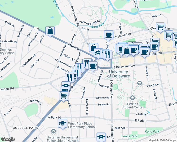 map of restaurants, bars, coffee shops, grocery stores, and more near 57 South Main Street in Newark