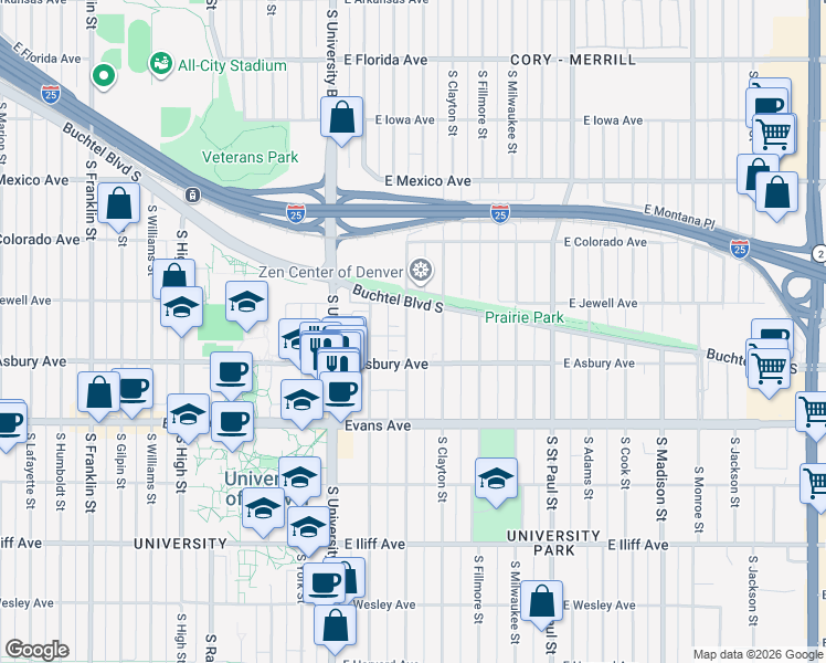 map of restaurants, bars, coffee shops, grocery stores, and more near 1944 South Columbine Street in Denver