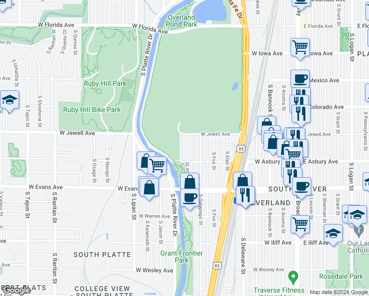 map of restaurants, bars, coffee shops, grocery stores, and more near 1923 South Huron Street in Denver
