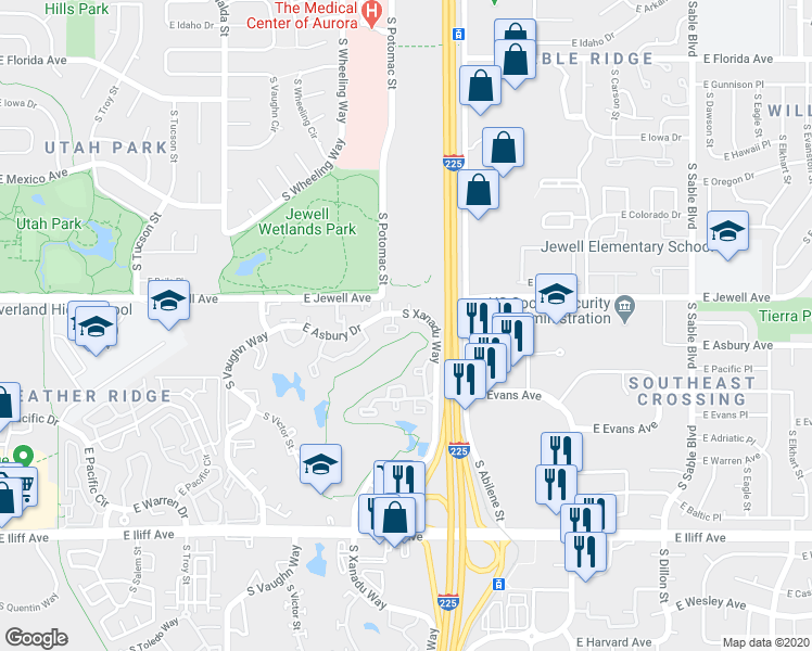 map of restaurants, bars, coffee shops, grocery stores, and more near 1959 South Xanadu Way in Aurora