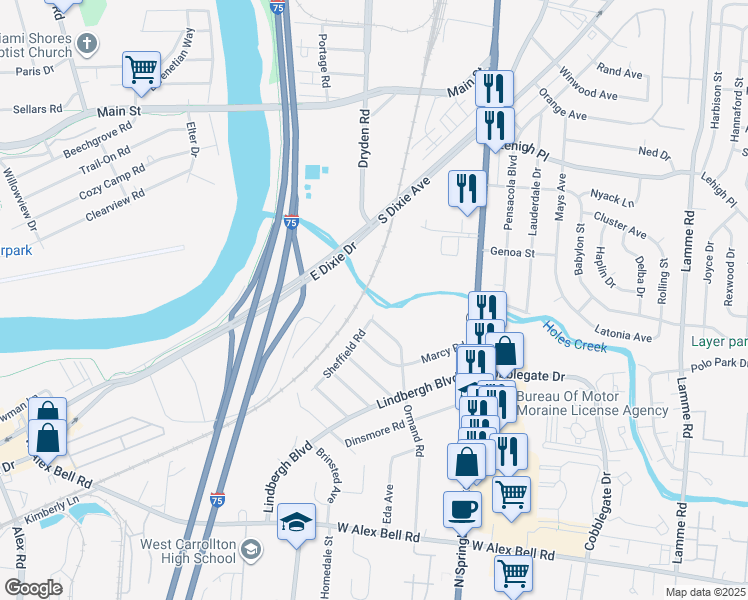 map of restaurants, bars, coffee shops, grocery stores, and more near 3234 Sheffield Road in Dayton