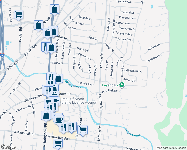 map of restaurants, bars, coffee shops, grocery stores, and more near 4800 Rolling Street in Dayton