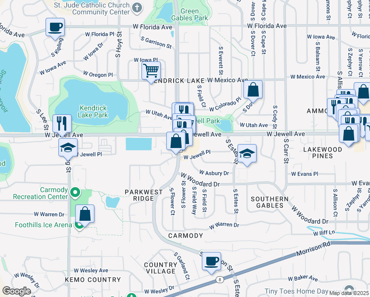 map of restaurants, bars, coffee shops, grocery stores, and more near 9061 West Jewell Place in Lakewood