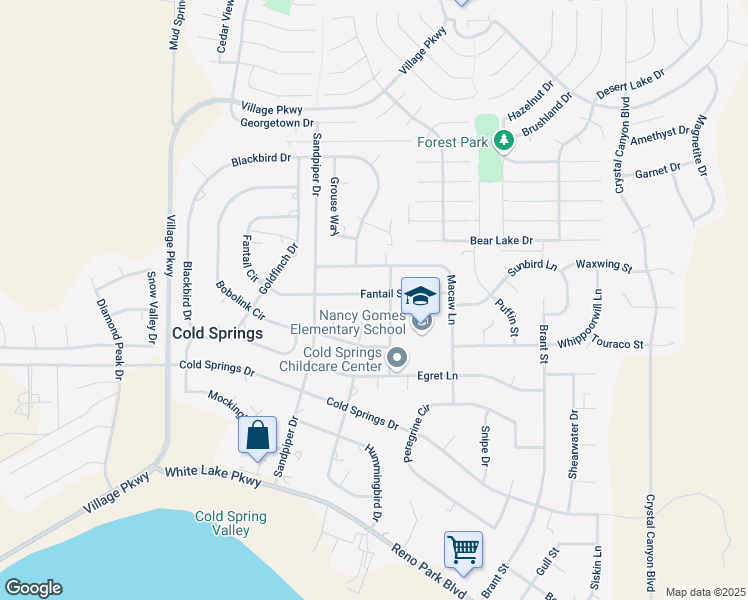 map of restaurants, bars, coffee shops, grocery stores, and more near 17570 Fantail Street in Reno