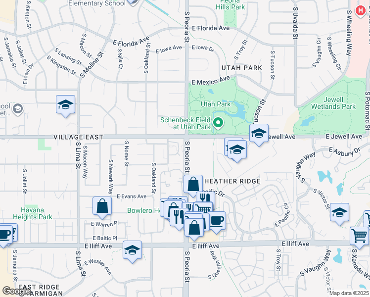 map of restaurants, bars, coffee shops, grocery stores, and more near 1900 South Peoria Street in Aurora