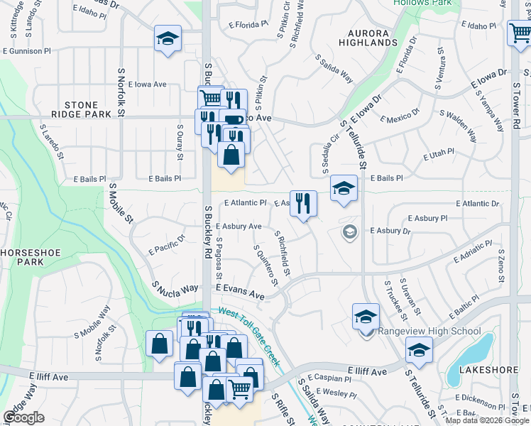 map of restaurants, bars, coffee shops, grocery stores, and more near 17318 East Asbury Circle in Aurora