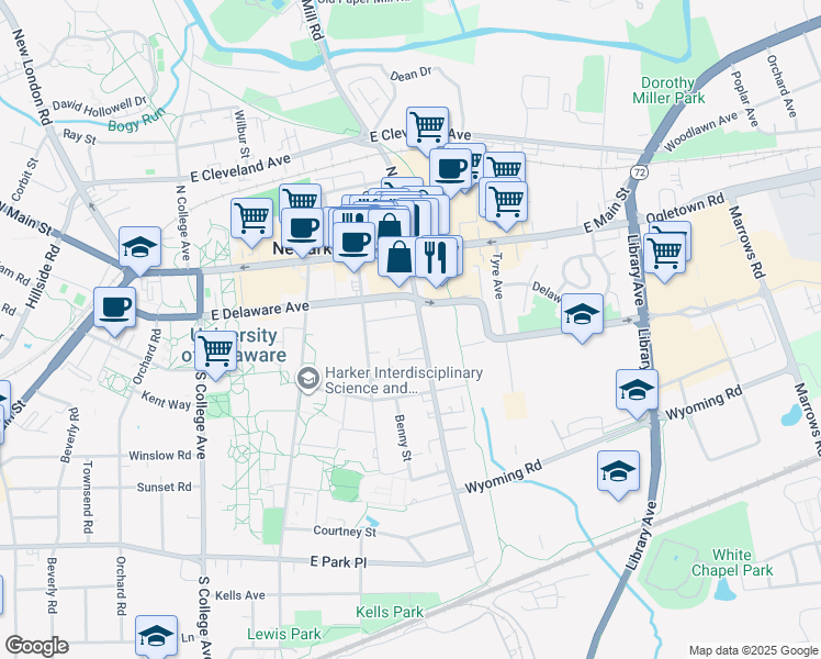 map of restaurants, bars, coffee shops, grocery stores, and more near 65 South Chapel Street in Newark