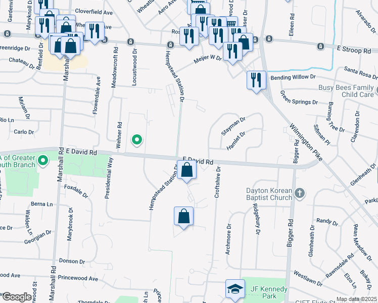 map of restaurants, bars, coffee shops, grocery stores, and more near 1725 East David Road in Dayton