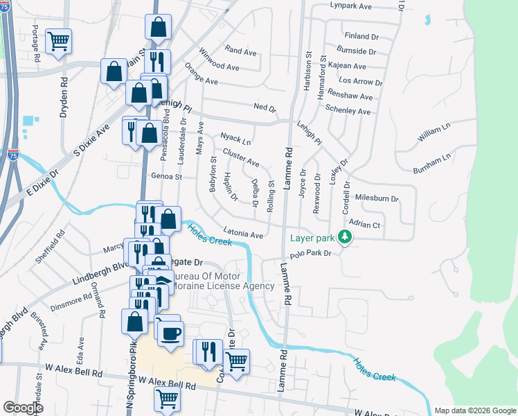 map of restaurants, bars, coffee shops, grocery stores, and more near 4869 Delba Drive in Dayton
