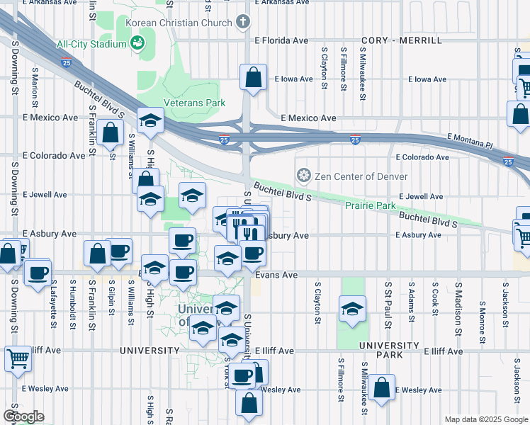 map of restaurants, bars, coffee shops, grocery stores, and more near 1955 South Josephine Street in Denver