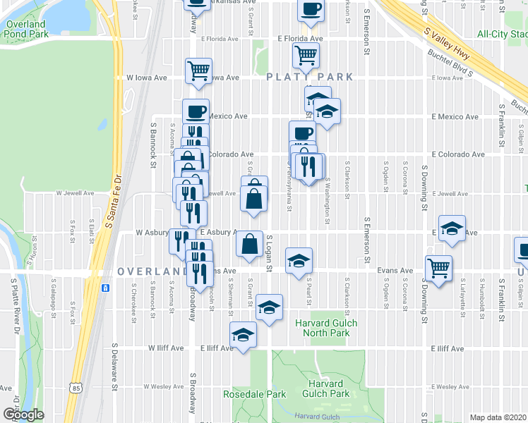 map of restaurants, bars, coffee shops, grocery stores, and more near 1959 South Logan Street in Denver