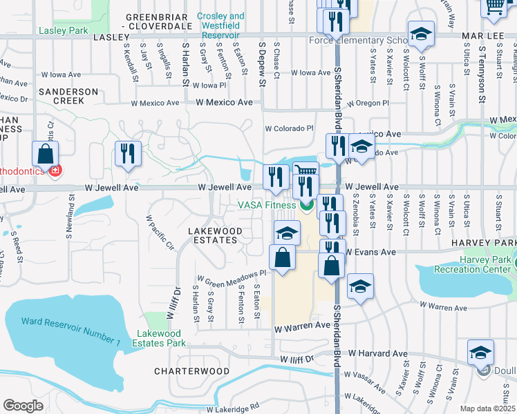 map of restaurants, bars, coffee shops, grocery stores, and more near 5730 West Atlantic Place in Lakewood
